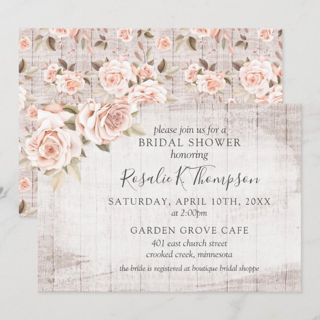 Rustic Wood & Romantic Roses Cottage Bridal Shower Invitation (Front/Back)