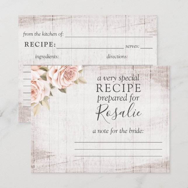 Rustic Wood Romantic Roses Recipe Card For Bride (Front/Back)