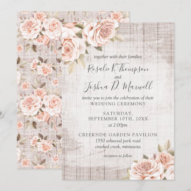 Rustic Wood & Romantic Roses Shabby Chic Wedding Invitation (Front/Back)