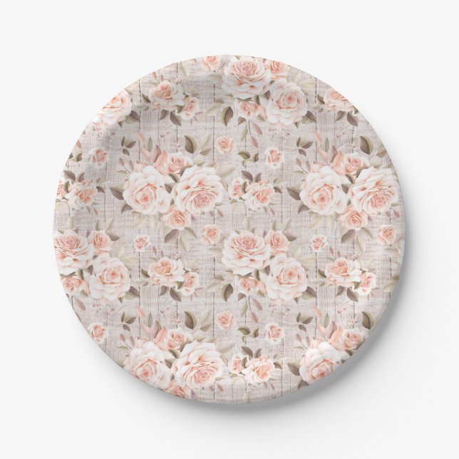 Rustic Wood & Romantic Roses Shabby Chic Wedding P Paper Plate (Front)