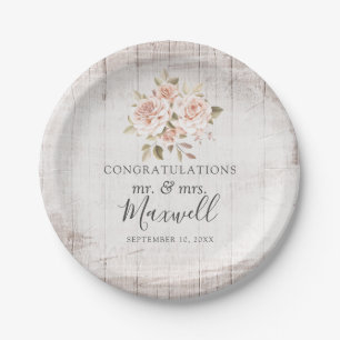 Rustic Wood & Romantic Roses Shabby Chic Wedding Paper Plate