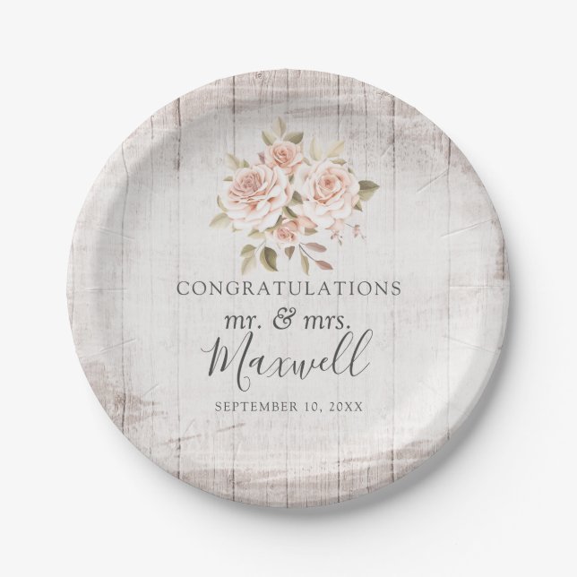 Rustic Wood & Romantic Roses Shabby Chic Wedding Paper Plate (Front)