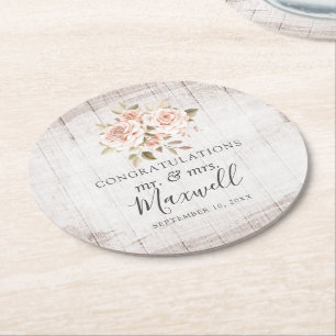 Rustic Wood & Romantic Roses Shabby Chic Wedding Round Paper Coaster