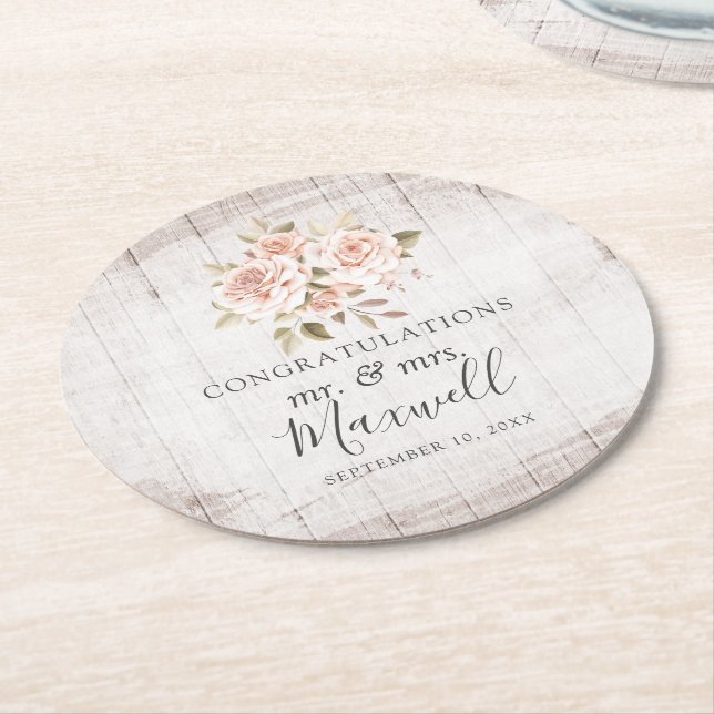 Rustic Wood & Romantic Roses Shabby Chic Wedding Round Paper Coaster (Angled)
