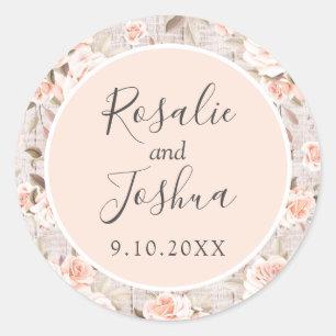 Rustic Wood & Romantic Roses Shabby Wedding Date Classic Round Sticker