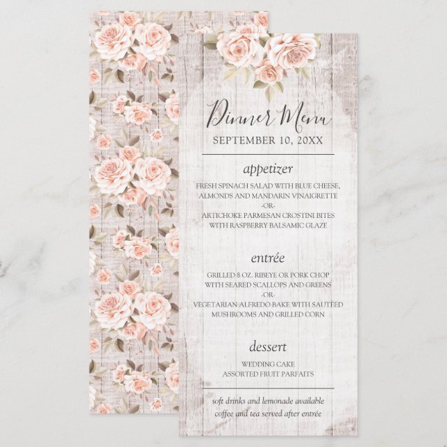  Rustic Wood Romantic Shabby Roses Wedding Menu (Front/Back)