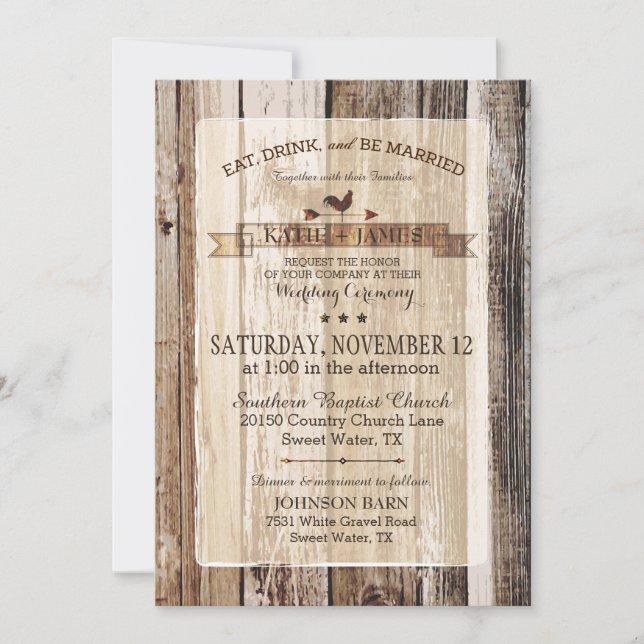 Rustic Wood Rooster Weather Vane Wedding Invitation (Front)
