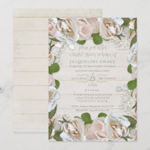 Rustic Wood Rose Babys Breath Floral Bridal Shower Invitation