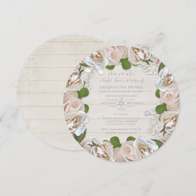 Rustic Wood Rose Babys Breath Floral Round Wreath Invitation (Front/Back)