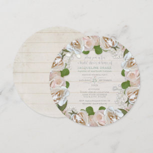 Rustic Wood Rose Babys Breath Floral Round Wreath Invitation