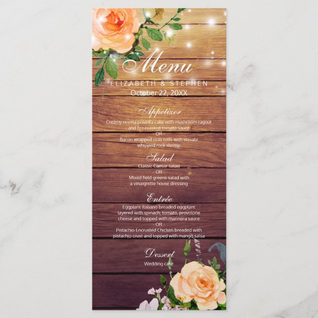 Rustic Wood Rose Floral String Lights Wedding Menu (Front)