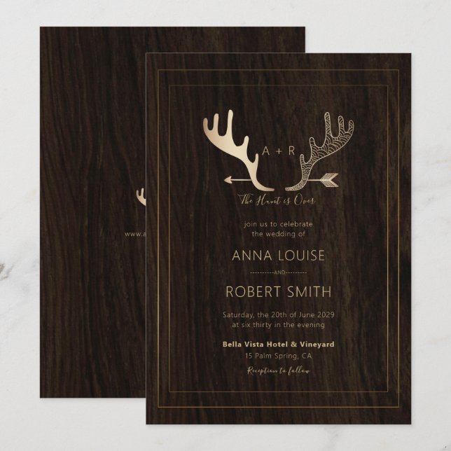 Rustic Wood Rose Gold Antlers Arrow Wedding Invitation (Front/Back)