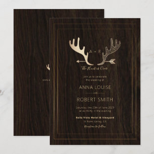 Rustic Wood Rose Gold Antlers Arrow Wedding Invitation