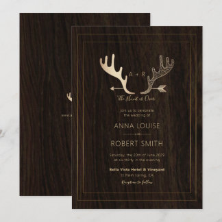 Rustic Wood Rose Gold Antlers Arrow Wedding Invitation