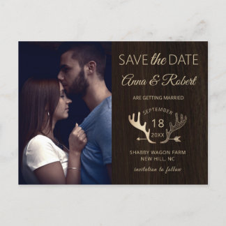 Rustic Wood Rose Gold Antlers Photo Save The Date Invitation Postcard