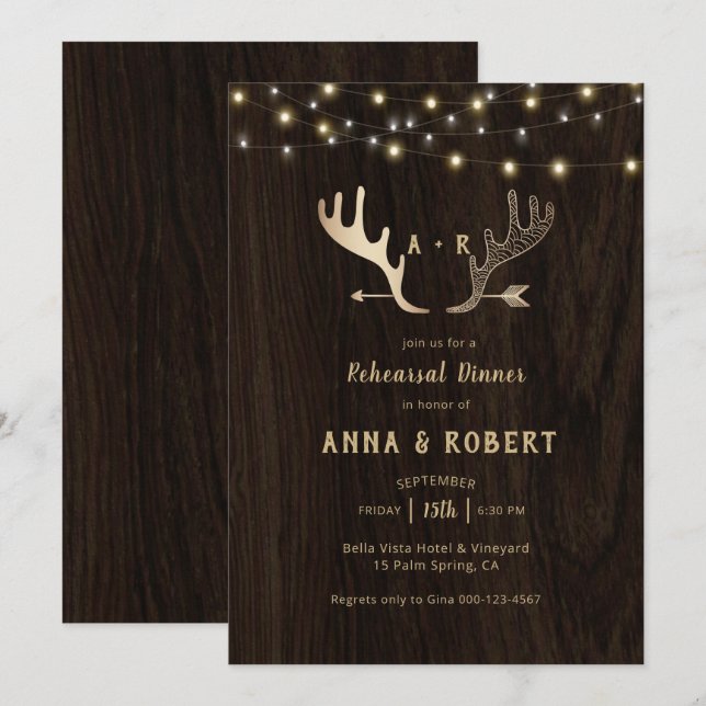 Rustic Wood Rose Gold Antlers Rehearsal Dinner Invitation (Front/Back)