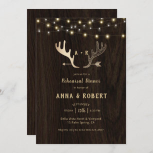 Rustic Wood Rose Gold Antlers Rehearsal Dinner Invitation