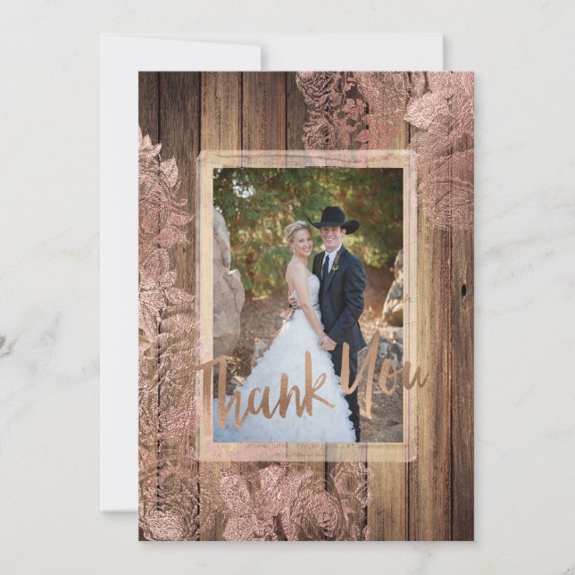 Rustic Wood Rose Lace Wedding Photo Thank You (Front)