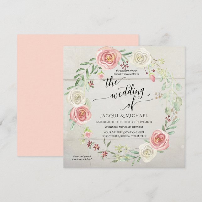 Rustic Wood Rose Wreath Foliage Wedding Watercolor Invitation (Front/Back)