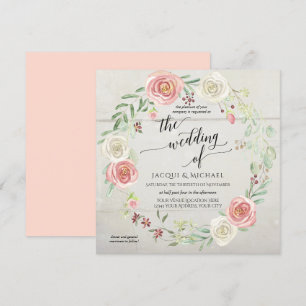Rustic Wood Rose Wreath Foliage Wedding Watercolor Invitation
