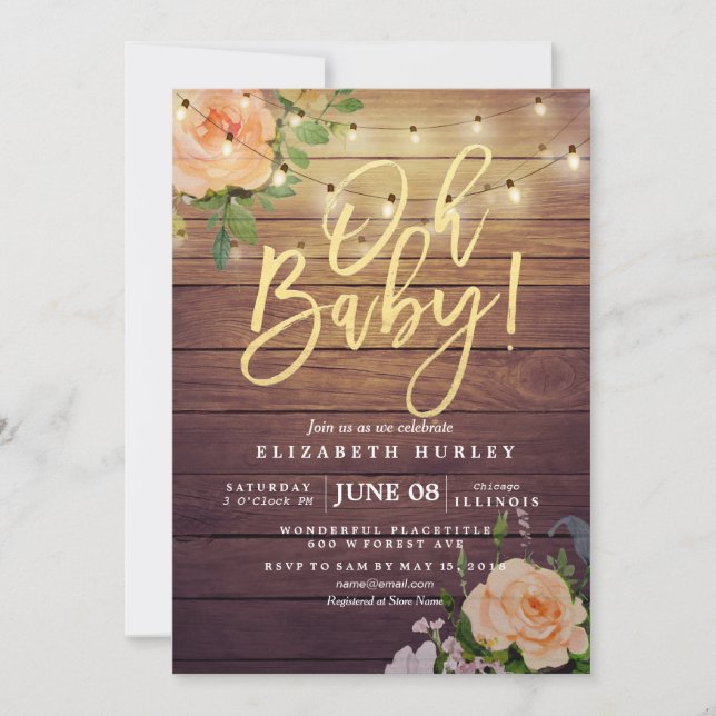 Rustic Wood Roses Floral String Light Baby Shower Invitation (Front)