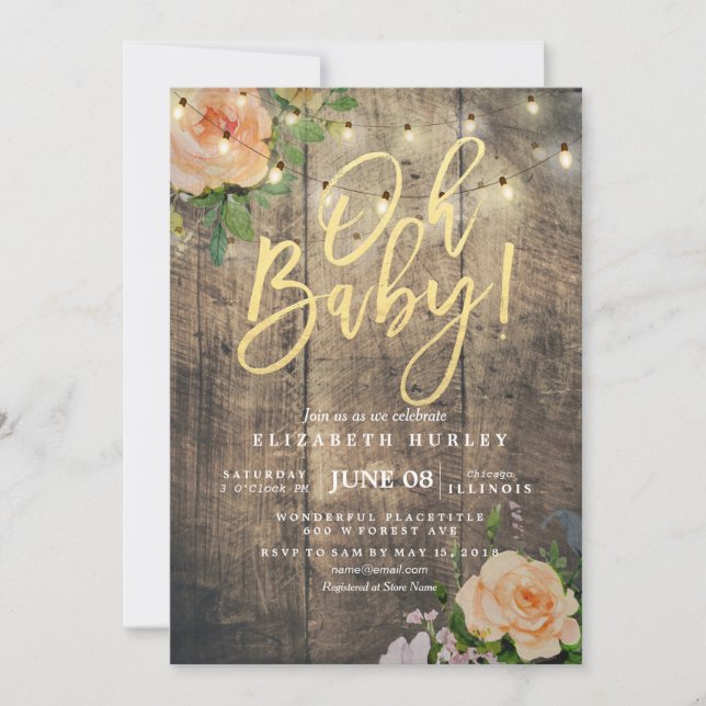 Rustic Wood Roses Floral String Light Baby Shower Invitation (Front)