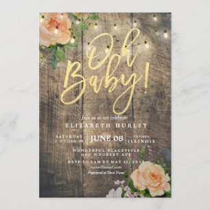 Rustic Wood Roses Floral String Light Baby Shower Invitation