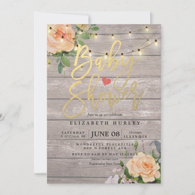 Rustic Wood Roses Floral String Light Baby Shower Invitation (Front)