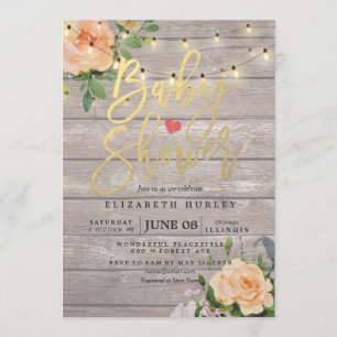Rustic Wood Roses Floral String Light Baby Shower Invitation