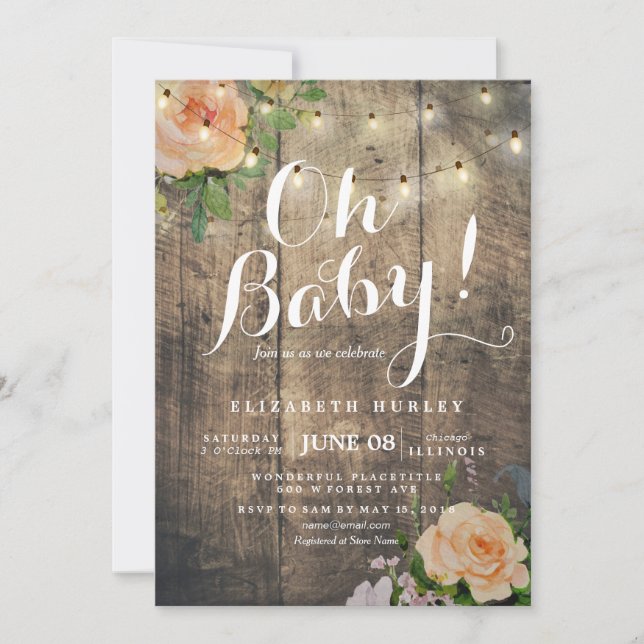 Rustic Wood Roses Floral String Light Baby Shower Invitation (Front)
