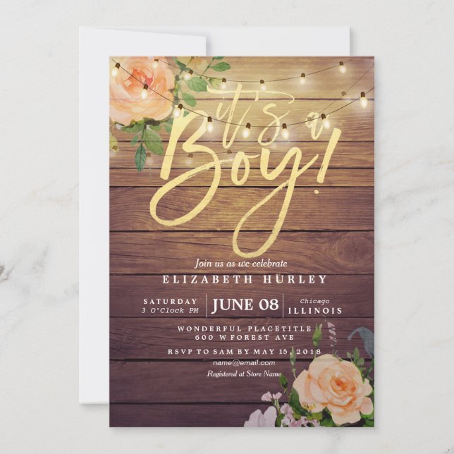 Rustic Wood Roses Floral String Light Baby Shower Invitation (Front)