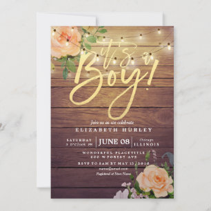Rustic Wood Roses Floral String Light Baby Shower Invitation