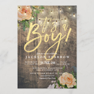 Rustic Wood Roses Floral String Light Baby Shower Invitation