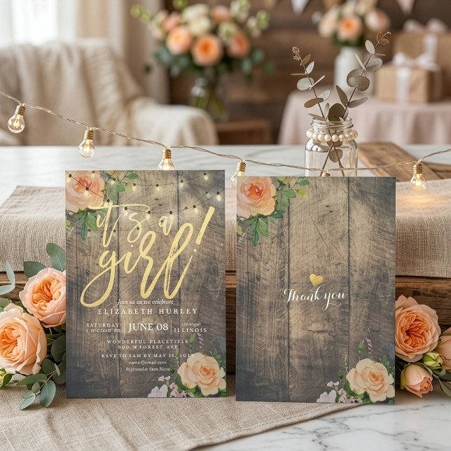 Rustic Wood Roses Floral String Light Baby Shower Invitation (Creator Uploaded)