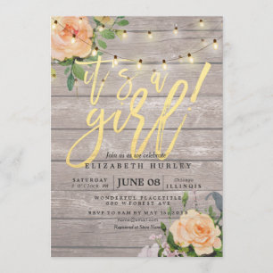 Rustic Wood Roses Floral String Light Baby Shower Invitation