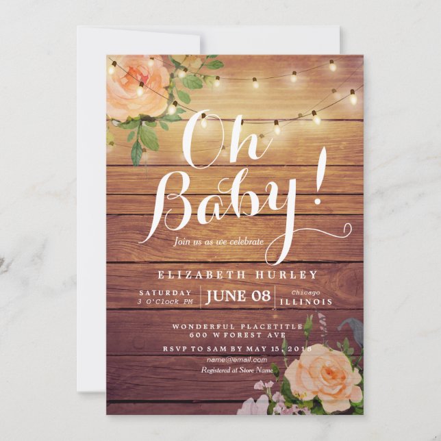 Rustic Wood Roses Floral String Light Baby Shower Invitation (Front)