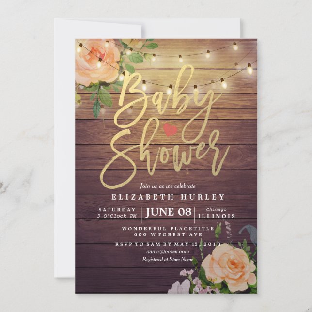 Rustic Wood Roses Floral String Light Baby Shower Invitation (Front)