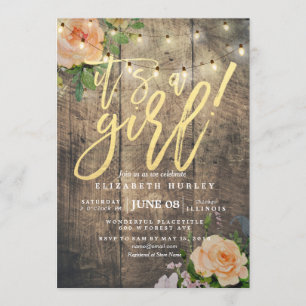 Rustic Wood Roses Floral String Light Baby Shower Invitation