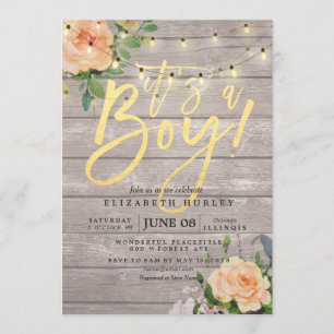 Rustic Wood Roses Floral String Light Baby Shower Invitation