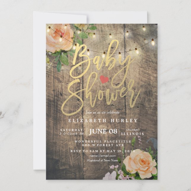 Rustic Wood Roses Floral String Light Baby Shower Invitation (Front)