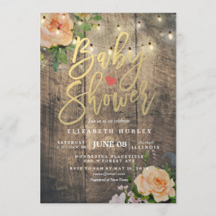 Rustic Wood Roses Floral String Light Baby Shower Invitation