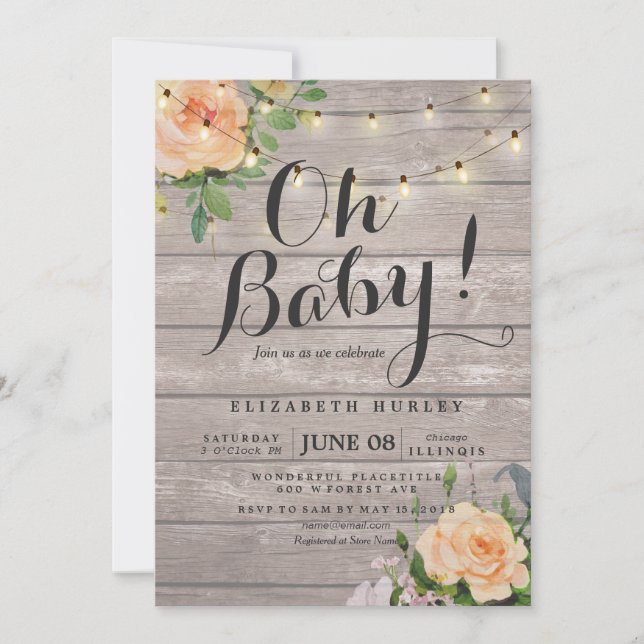 Rustic Wood Roses Floral String Light Baby Shower Invitation (Front)