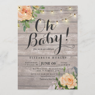 Rustic Wood Roses Floral String Light Baby Shower Invitation