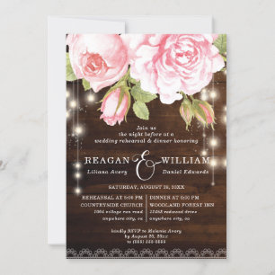 Rustic Wood Roses & Lights Rehearsal Dinner Invitation