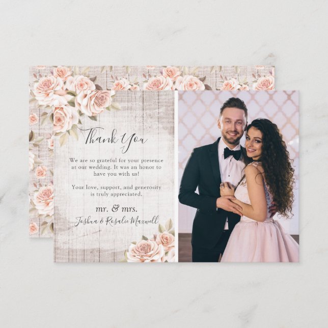 Rustic Wood & Roses Shabby Wedding Thank You Photo (Front/Back)