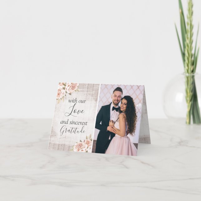 Rustic Wood & Roses Wedding Thank You 4-Photo Card (Front)