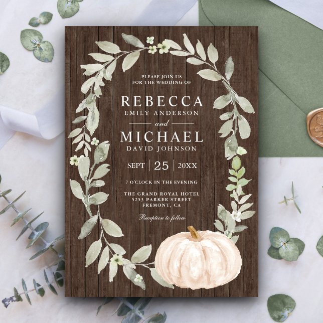 Rustic Wood Sage Greenery White Pumpkin Wedding Invitation (Creator Uploaded)