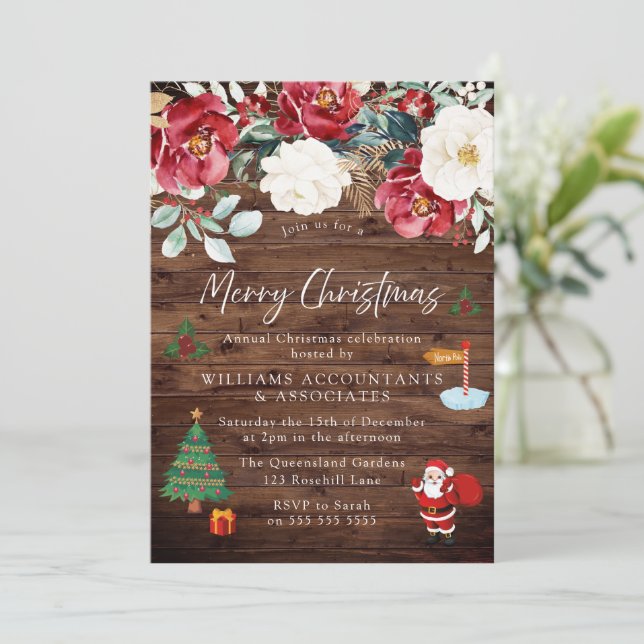Rustic Wood Santa Tree Present Red Christmas Party Invitation (Standing Front)