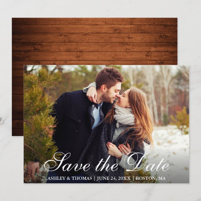 Rustic Wood Save the Date Couple Photo Invitation (Front/Back)
