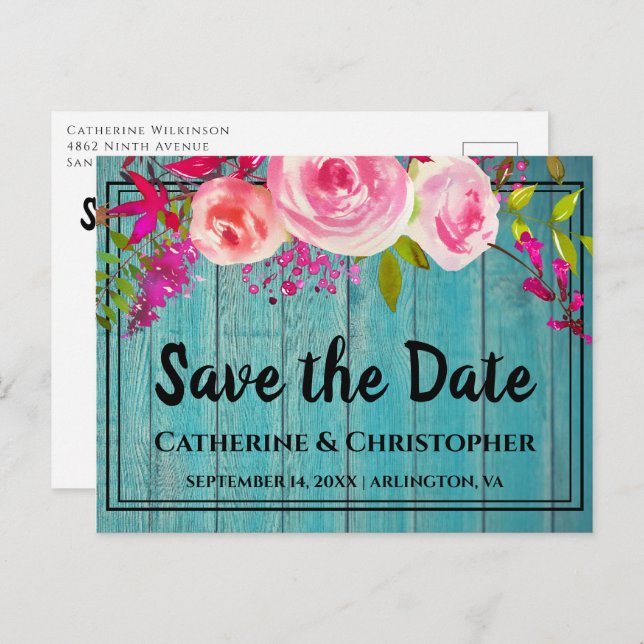 Rustic Wood Save the Date Rose Floral Announcement Postcard (Front/Back)